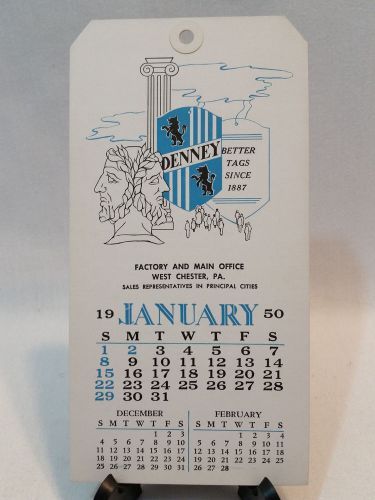 VINTAGE DENNEY TAG CO. JANUARY 1950 CALENDER TAG - FREE SHIPPING