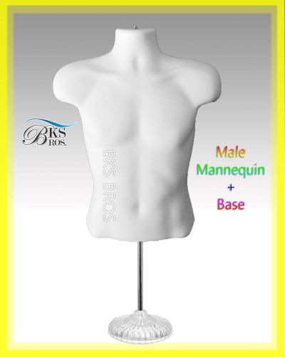 Male Mannequin Torso Display WHITE with Acrylic Plastic Base man Hollow Back