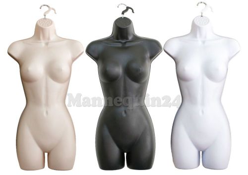 A set of white flesh black mannequin body forms with hook for hanging for sale