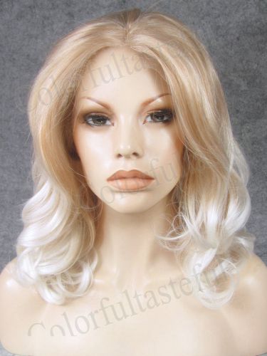 Gold to white front lace hand tied woven heat resistant synthetic lady full wig