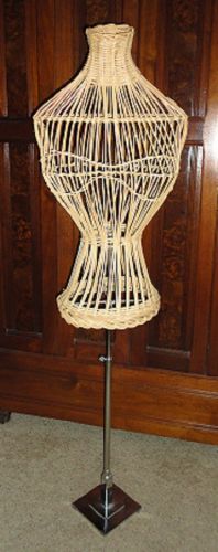 Vintage Natural Wicker Mannequin Torso with Adjustable Chrome Stand