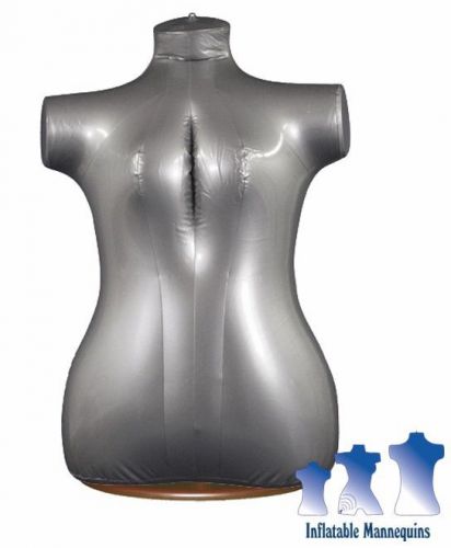 Inflatable Female Torso, Plus Size, Silver And Wood Table Top Stand, Brown