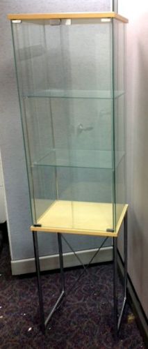 Glass display show case, 67&#034; h 18&#034; w 14&#034; d, chrome base with maple,  make offer! for sale