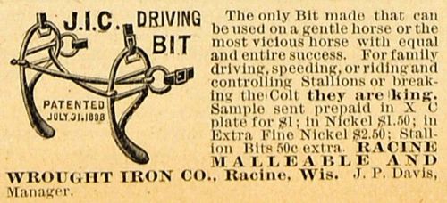 1890 Ad J. I. C. Equestrian Horese Driving Bit Wrought Iron Racine WI J.P AAG1