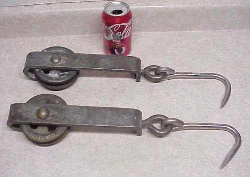 2 butcher meat hooks and pullys for trolly mfg globe 125 for sale