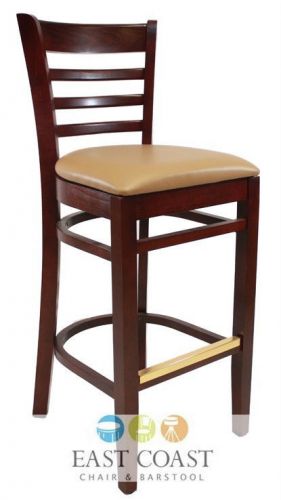 New wooden mahogany ladder back restaurant bar stool with tan vinyl seat for sale