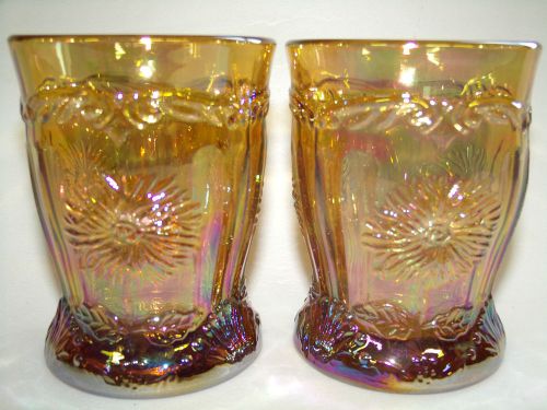 pair of amber brown carnival glass Dahlia tumblers / cups goblets iridescent art