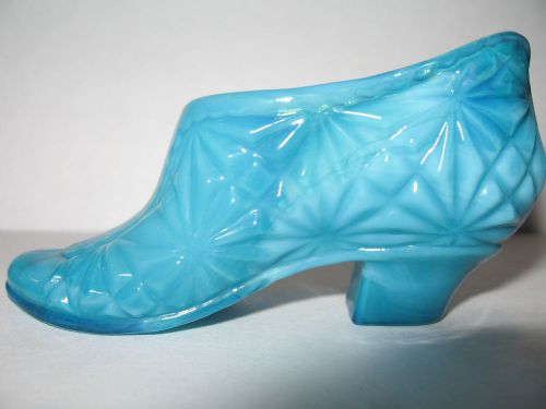 Baby Blue milk glass Daisy and Button pattern Shoe Slipper Boot opaque mini art