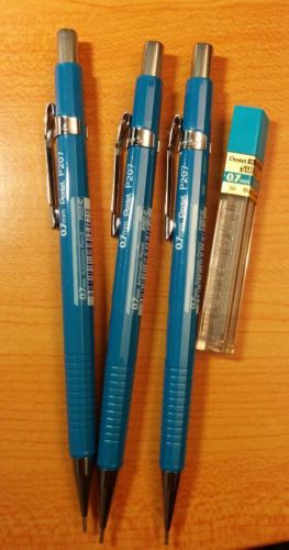 3 - New Pentel P207 0.7mm w/ extra lead Blue Barrel Mechanical Pencil Drafting