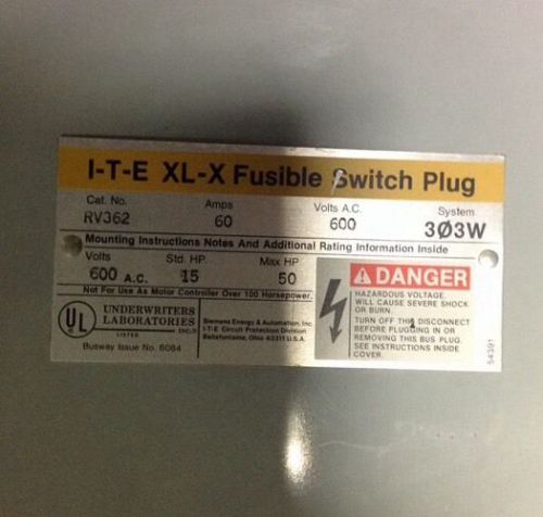 I-T-E XL-X fusible switch plug. 60amp/600V, 3PH/3Wire
