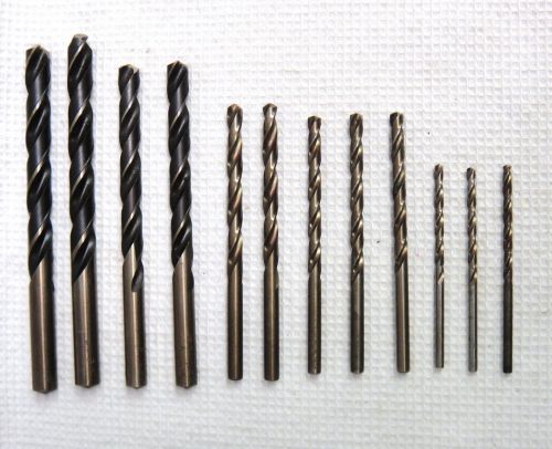 Set of 12 cobalt steel twist drill bits various sizes gold oxide industrial for sale