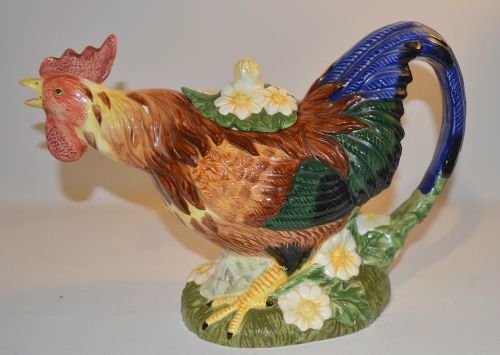 Vintage Chicken Rooster Design Pottery Water Pitcher Teapot