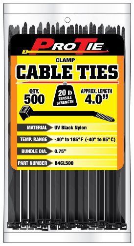 Pro tie b4cl500 4-inch clamp cable tie  uv black nylon  500-pack for sale