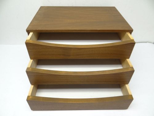Vintage modern mid-century wood wooden three drawer filing cabinet paper holder for sale