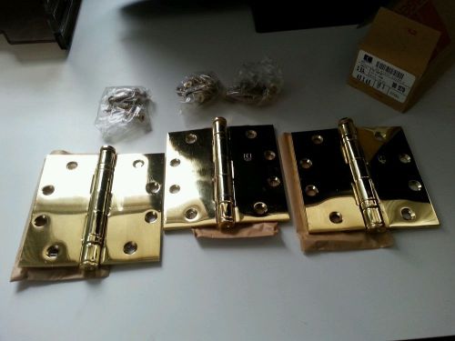 3) Hager Hinges BB1279 4.5 Inch x 4.5&#034; Bright Brass, five knuckle, ball bearings