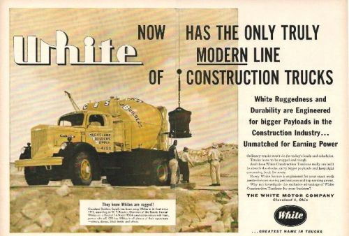 1958 WHITE 9064 transit mixer ad, Cleveland Builders Supply, dbl-pg color