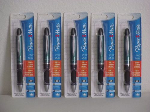 NEW 5 PAPER MATE PhD MULTI 3 in 1 BLACK/RED INK MED BALLPOINT PEN &amp; 0.5mm PENCIL