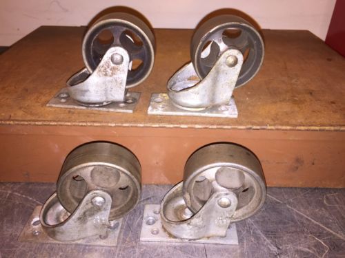 4 Lg Vintage Cast Iron Bassick 3-1/4&#034; Swivel Plate Heavy Industrial Casters