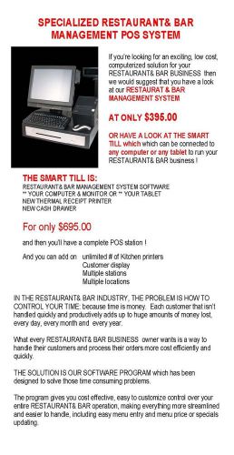 RESTAURANT&amp; BAR TOUCH POS SYSTEM SRP 395.00! MAY SPECIAL ONLY $295.00