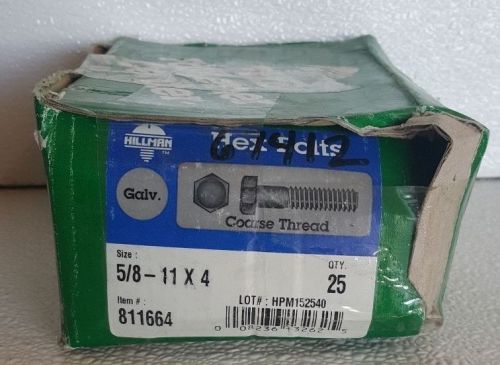 HILLMAN Galvanized Hot Dipped Steel Hex Bolts 5/8&#034;-11 x 4&#034; (QTY 25) Outdoor