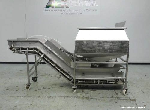 Used- Inclined Conveyor With Hopper. Stainless Steel. Has an approximately 120&#034;