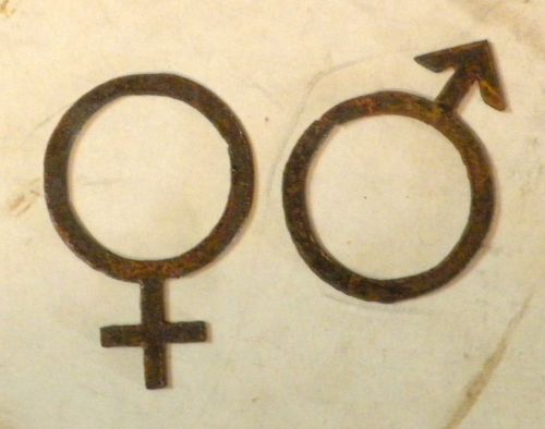 Lot of 2 Man Woman Male Female Logo Emblem 3&#034; Shape Rusty Metal Vintage Craft