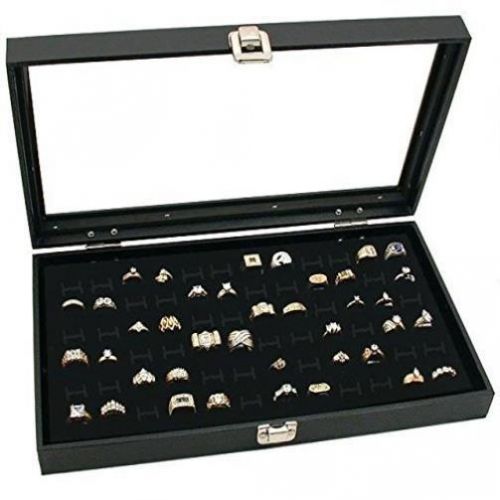 Glass Top Black Jewelry Display Case 72 Slot Compartment Ring Tray New Gift