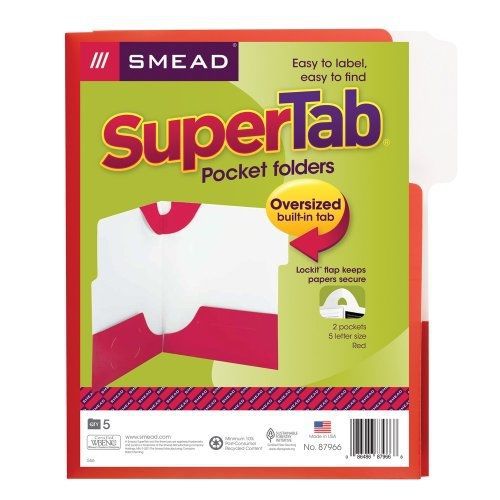 Smead SuperTab? Two-Pocket Lockit Folders, Laminated Stock, Red, 5 per Pack