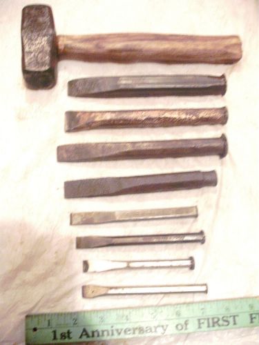 Vintage lot 9 st6ne brick layer mason tools plumb 3 lb.sledge hammer 8 chisels for sale