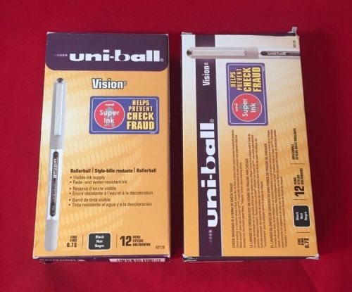 2 Boxes UNI-BALL VISION Roller Ball Pens - 60126 - BLACK Ink 24 Pens NEW