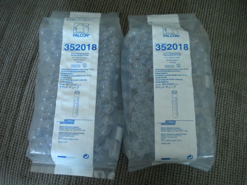 FALCON 352018  14ml Polypropyne Round-Buttom Tube 17x100mm lot of 2 bags x 125