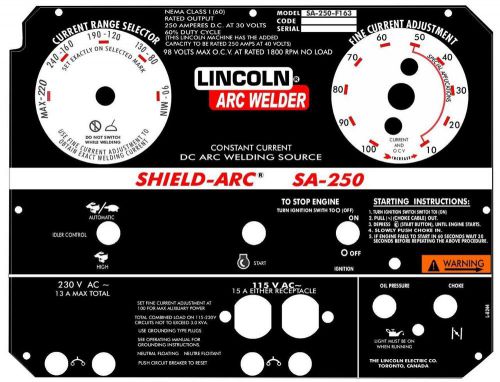 Lincoln Arc Welder  L-8244 Shield Arc SA250 Aluminum Control Plate,New