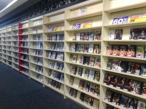 VIDEO STORE SHELVING UNIT TO HOLD DVDS OR TAPES 48 INCHES WIDE BY 88 INCHES TALL
