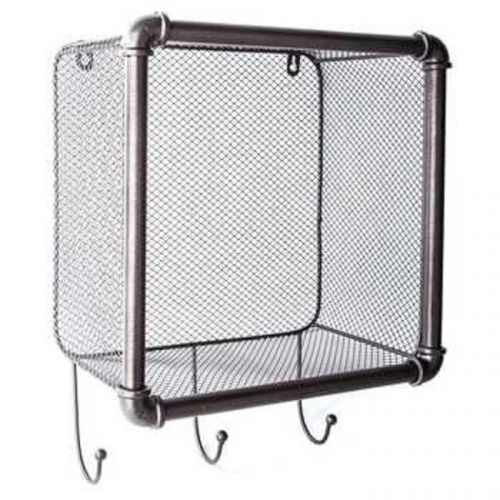 New~Gray Industrial Iron Basket Shelf with 3-Hooks On Sale.
