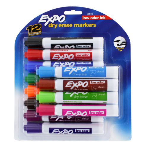 &#034;expo low odor chisel tip dry erase markers, 12 colored markers&#034; for sale