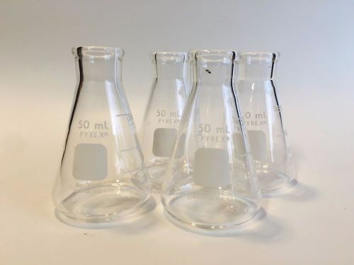 Lot of 4 Erlenmeyer Flask PYREX Lab Glassware 50 ML Beaker 4980 Stopper No. 1
