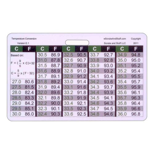 Temperature Conversion Chart Horz Badge ID Card Pocket Reference Nurse Paramedic