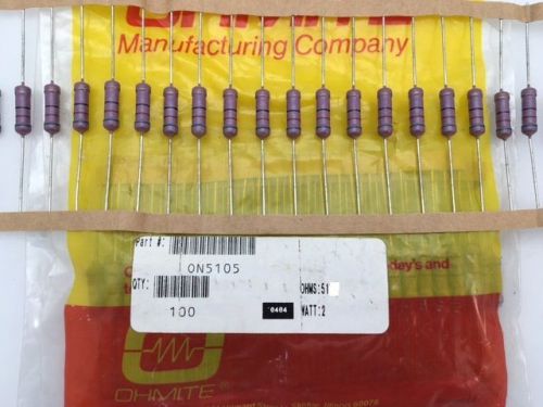 (200 pcs) ON5105 Ohmite, 2 Watt 51 Ohm 5%, Carbon Film Resistor (Axial)