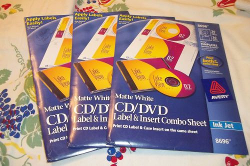 Avery Matte White Inkjet CD/DVD Label/Inserts #8696, 3 Pacs, 49 Sheets Total