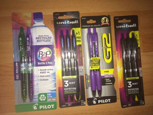 LOT Pilot G2, Uni Ball, B2P, Fine-Point Purple Blue Gel Ink Roller Ball Pens