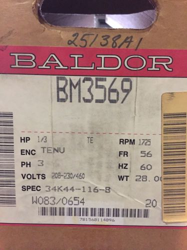 BALDOR BM3569 BRAKE MOTOR, .33HP, 1725RPM, 3PH, 60HZ, 56, 3416M, TENV, F1  NEW