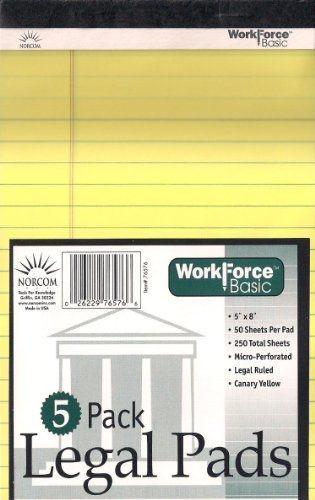 Norcom junior legal pad, 5 x 8 inches,  50 sheets per pad, canary, 5 pack for sale