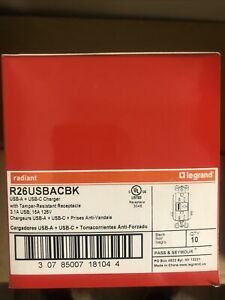 Pass Seymour R26USBACBK 3.1A USB Charger Outlet Combo Black Lot Of 10