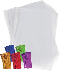 Clear Plastic Cellophane Bags With 4&#034; Colored Twist Ties For Gifts Party Favors