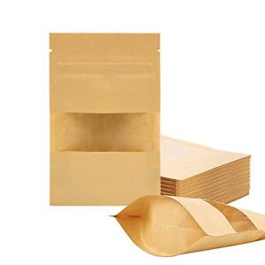 100 Pcs Kraft Paper Bags with Window, 3.5&#034; x 5.5&#034; Stand Up Pouches Bags, Zip for