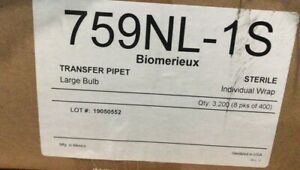 759NL-1S Biomerieu TRANSFER PIPET STERILE Large Bulb Individual Wrap Qty: 3,200