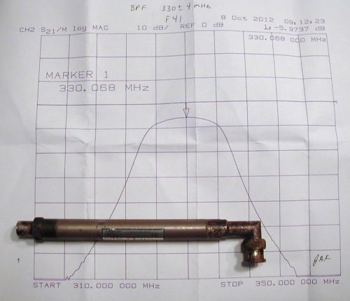 F131 330 MHz BNC Coax BandPass Filter 8 MHz wide, Tested w/plot