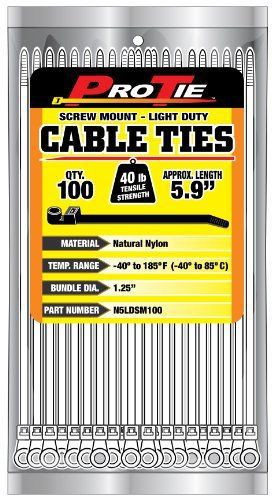 Pro Tie N5LDSM100 5-Inch Light Duty Screw Mount Cable Tie  Natural Nylon  100-Pa