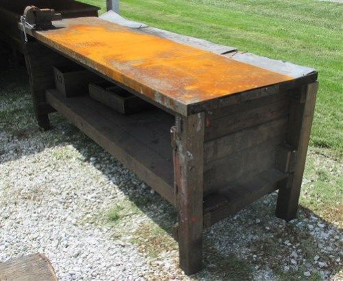 91x32 Wood Table Metal Top Babco 135 Vise Anvil Industrial Age Shop Bench Island