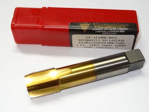 Vermont 3/4&#034;-14 npsc 4 flutes 1.022 p.d. tin extra length pipe tap vertanium for sale